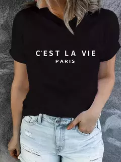 T-shirt de manga curta para mulher, t-shirt casual com gola redonda, estampado paris, roupa de primavera e verão