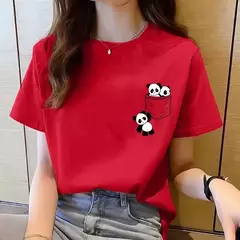 Camiseta estampada dos desenhos animados das mulheres, top de manga curta, bolso, panda, solta, gola redonda, moda coreana, verão, nova - comprar online