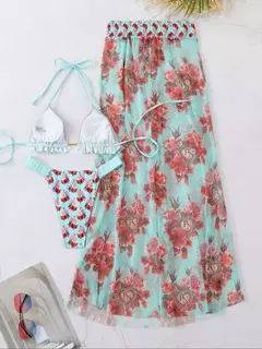 Conjunto de biquíni de três peças, sutiã acolchoado, borla, saia de praia de cintura alta, maiô de verão, moda sexy, monocromático