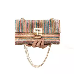 Bolsa de festa com envelope de palha para mulheres, padrão tecer, embreagem dourada, bolsas mensageiro, carteiras de deslocamento diário, moda senhora