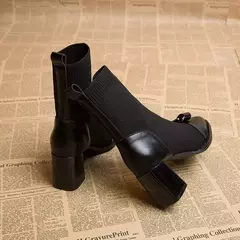 Botas de malha para mulheres, botas curtas de emagrecimento, sapatos de salto grosso, decoração metálica, moda feminina, outono, inverno na internet