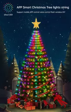 Árvore de natal inteligente toppers luzes app diy imagem led rgb luz da corda controle bluetooth led estrela corda cachoeira natal - comprar online