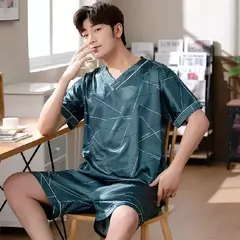 Conjunto de pijama de seda gelo manga curta masculino, pijama casual fino de simulação, tamanho grande, roupa para casa, verão, 2 peças - loja online