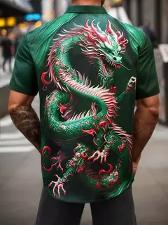 Camisa de manga curta masculina com padrão dragão chinês, gráfico retrô, abertura de cama, tecido elástico de 4 vias, 2024 na internet