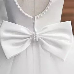 Vestido de tule sem costas para bebé com laço grande e pérolas, 1 ° vestido de aniversário, princesa infantil, vestido baptizado, 1 a 5 anos