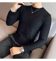 Outono inverno estiramento jacquard tecido o-pescoço camisola waffle masculina ajuste fino manga longa pullovers de malha casual streetwear homme - loja online