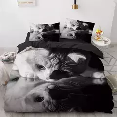 Conjunto de cama 3D gato para meninas e meninos, edredão de poliéster, fronha,
