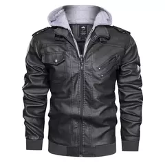 Imagem do Nova moda masculina street wear jaquetas de couro da motocicleta chapéu destacável jaquetas de couro com capuz fino casacos de couro casuais 5xl