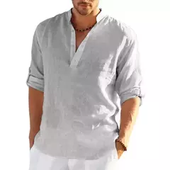 Camiseta de linho manga comprida masculina, monocromática, solta, casual, respirável, camisas de algodão, streetwear leve, designer, nova na internet