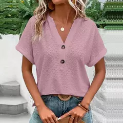 Blusa feminina com botão monocromático com decote em v, camisas soltas, manga curta, tops femininos grandes, blusa jacquard casual, verão, nova moda, 2023 - loja online