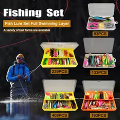 Imagem do Kit de Iscas de Pesca 83/133/193/239/409 peças para Truta/Lúcio/Bass - Conjunto Multiuso com Equipamento Profissional e Caixa de Equipamentos Multicamadas
