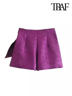 TRAF-Saias de Shorts Texturizados Femininos com Zíper Lateral Arco Amarrado, Cintura Alta, Vintage, Moda Feminina - loja online