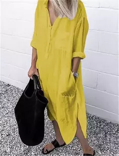 Vestido longo de linho de algodão feminino, branco, oversize, casual, simples, cor pura, divisão, praia, verão, elegante, S-4X - comprar online