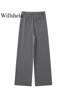 Willshela-Calças direitas femininas com fecho frontal, cintura alta, comprimento total, calças chiques femininas, monocromáticas, moda vintage, senhora - comprar online