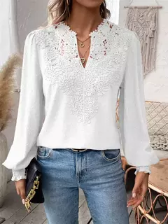 Imagem do Elegante oco out camisa de renda feminina, pulôver profundo com decote V, blusa monocromática, jacquard lanterna manga longa tops, feminino