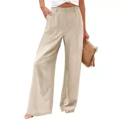 Imagem do Calça larga de linho de algodão feminina, comprimento total, casual, monocromática, solta, cintura alta, reto, botão, verão