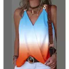Camisola de alças sem mangas estampada listrada feminina, gola em v com fivela de metal, pulôver solto, blusa feminina, verão, 2024 - Wolf Magazine