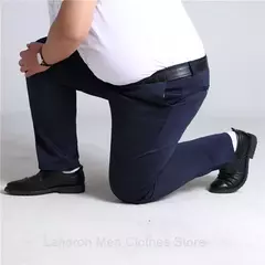 Calça de vestido reto grande para homens, alta esticada, escritório, preta, azul, cinza, calças de terno formal, plus size, 52, 50, 48, 46