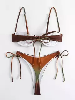 Fato de banho plissado com cordão feminino, biquínis arco, maiô sexy, banhista, conjunto de biquíni gradiente, moda verão, 2 peças na internet