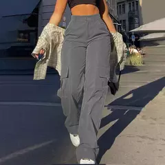 Calça feminina básica de fivela, calça de paraquedas, perna reta sólida, bolsos grandes, moletom Y2K folheado com tudo o que combina, roupa de rua chique na internet