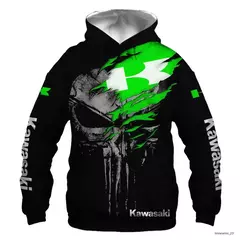 Capuz de manga comprida masculino, capuz de ciclismo Kawasaki motocicleta esportiva, camisa casual adulto entusiasta de motocicletas, 3D na internet