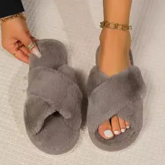 Chinelos macios de alça cruzada para mulheres, sapatos interiores antiderrapantes, pele quente, confortável, sola macia, moda, casa, inverno, 2024 - loja online