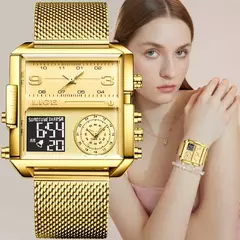 LIGE-Relógio Dual Display para Mulher, Relógios Quadrados Criativos para Senhoras, Relógio Casual de Ouro, Marca de Luxo, 2022 - loja online