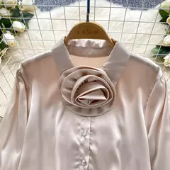 Elegante cetim tridimensional flor manga longa lapela blusa chique vintage moda colheita topo feminino camisas de outono roupas - comprar online