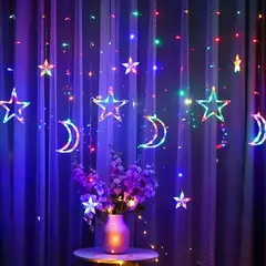 Impermeável LED Cortina String Fada Luz, Lâmpadas, Guirlanda, Piscando, Fada, Lua, Estrela, Ao ar livre, Jardim, Decoração de Natal, 220V, 3,5 m