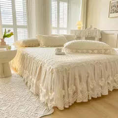 Colcha de verão chique látex na cama, saia de renda, tampa de cama dupla, colchão de dormir, lavável, macio com 2 fronhas