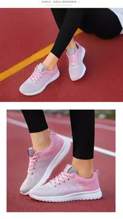 Sapatilhas femininas com cordões em malha respirável, sapatos casuais, sapatos de caminhada, tênis plano, rosa, preto, branco na internet