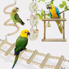 8 pçs conjunto combinação papagaio pássaro brinquedos artigos de madeira mordida pet pássaro brinquedos para papagaio treinamento pássaro brinquedo balanço bola sino em pé na internet
