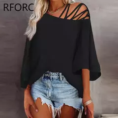 Imagem do Blusa chique de um ombro feminina, manga batwing sólida, Off Criss Cross, tops soltos, 2021