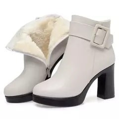 Botas de salto alto grossas pretas femininas, botas de couro elegantes, decoraç