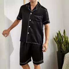 Conjunto de pijamas de manga curta masculino, camisa e shorts de botão, pijamas, bolsos, roupa de verão - loja online