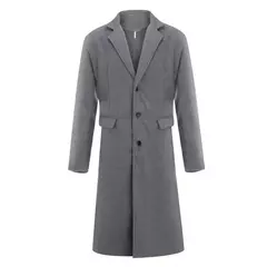 Casaco de lã de comprimento médio masculino, sobretudo masculino, manga longa, botões, gola de lapela, monocromático, outono, inverno