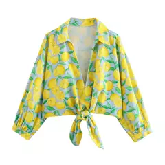 Camisa Yenkye-limão com estampa Lace Up Hem Crop para mulheres, colarinho lapela, blusa festivo, casual Streetwear solto, verão na internet