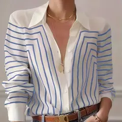 Imagem do Camisa de botão feminina com estampa de linha, blusas elegantes, primavera e verão, roupas femininas plus size, preto e branco, 2024