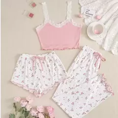 Calções e calças de colete estampado em forma de coração para mulheres, conjunto de pijamas emparelhados, tecido com nervuras para casa, casual, 3 peças na internet