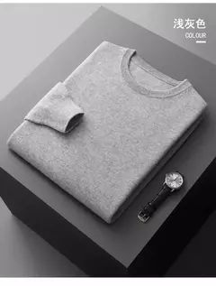 Imagem do Pulôver masculino de malha com mangas compridas, suéter 100% lã merino, top casual básico de cor sólida, moda
