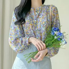 Mulheres elegante impressão chiffon blusa primavera verão casual manga longa com decote em v camisa solta senhora do escritório botão doce topos 2023 na internet
