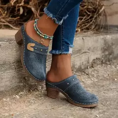 Sandálias femininas slip-on mules de salto grosso com padrão de flor oco superior fechado toe sandálias para verão festa de rua wear - comprar online