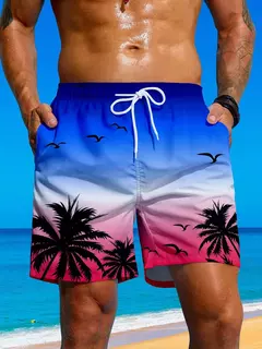 Homens com estampa palmeira com cordão cintura calções de bordo, moda sunga respirável streetwear curto, estampa 3D, férias de verão