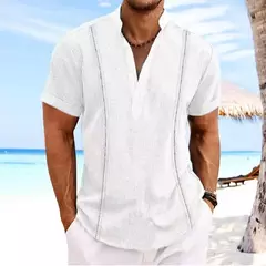 Pulôver de algodão de linho masculino, lapela, manga curta, colarinho Henry, guayabela sólida, alta qualidade, blusa casual de moda verão - loja online