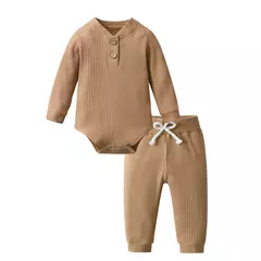 Conjunto de roupas para bebê recém-nascido menino e menina, feito de algodão, com nervuras, manga longa, bodysuit e calça, cor sólida - Wolf Magazine