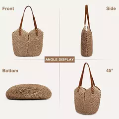 Bolsa de praia de palha feminina, bolsa de ombro grande para férias, bolsa macia, verão