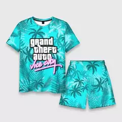 Imagem do Conjunto de shorts de praia de verão masculino, roupas de homem extragrande, Game Grand Theft Auto 3D Palm Tree Print, GTA T-shirt, 2 Pcs Set