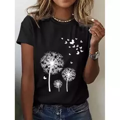 Camiseta explosiva estampada em girassol 3D para mulheres, gola redonda, fosca, flor, moda, novo produto, 2024