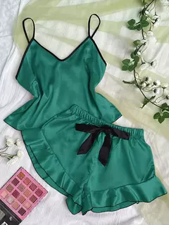 Conjunto de pijama de cetim suave para mulheres, camiseta com decote em v, bordas com babados e shorts, pijama simples e respirável - loja online