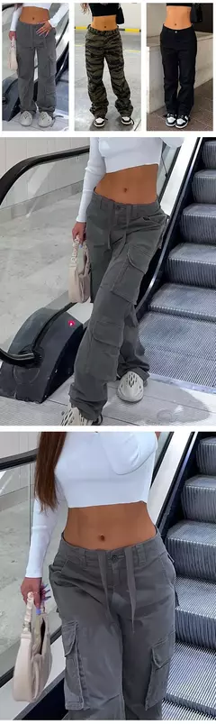 Calça jeans larga de cintura alta feminina, calça cargo cinza, calça larga, moda casual, bolsos múltiplos, estilo de rua Hip Hop, mãe, vintage, verão